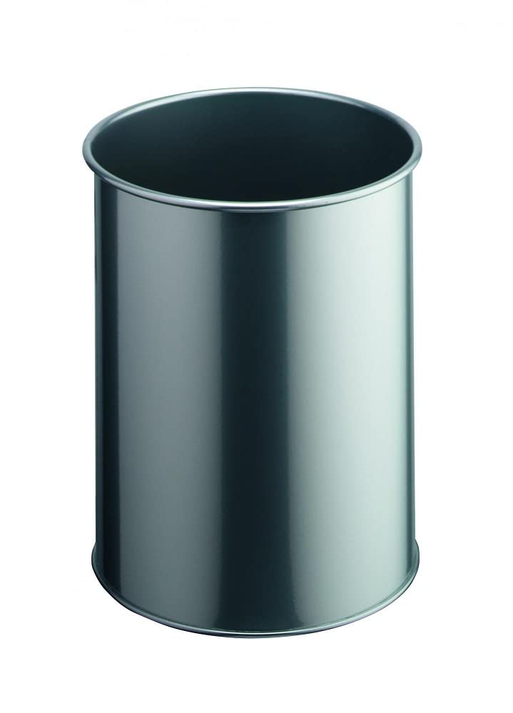 Durable Metal Round Waste Bin Silver - 15 Litre Capacity - Made from Scratch Resistant Steel - Small Bin for Bedrooms, Offices, Bathrooms, etc.