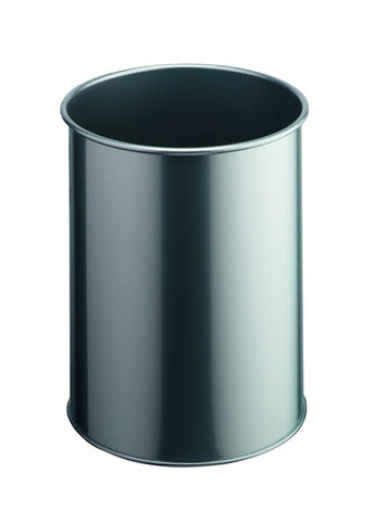 Durable Metal Round Waste Bin Silver - 15 Litre Capacity - Made from Scratch Resistant Steel - Small Bin for Bedrooms, Offices, Bathrooms, etc.
