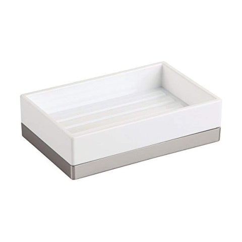iDesign Clarity Bar Soap Dish for Bathroom, White/Brushed, 12.7 x 8.2 x 3.5 cm