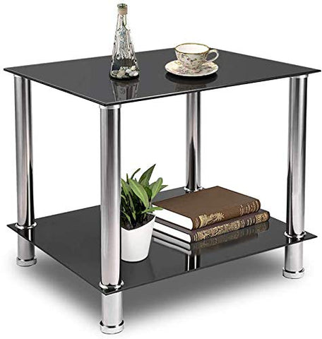 Greensen Coffee Table Tempered Glass Living Room Side Table Black Glass Coffee Tables 2 Levels Glass Table with Chrome Legs Coffee Table Metal