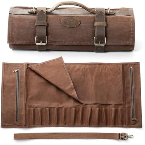 XINZUO Chef Knife Roll Bag-Professional Chef Knife Case-16oz Waxed Canvas and Crazy Horse Leather -with 12 Slots Plus 2 Zipper Pockets to Hold Kitchen Cooking Tools-Travel Tool Roll Pouch(Bag Only)