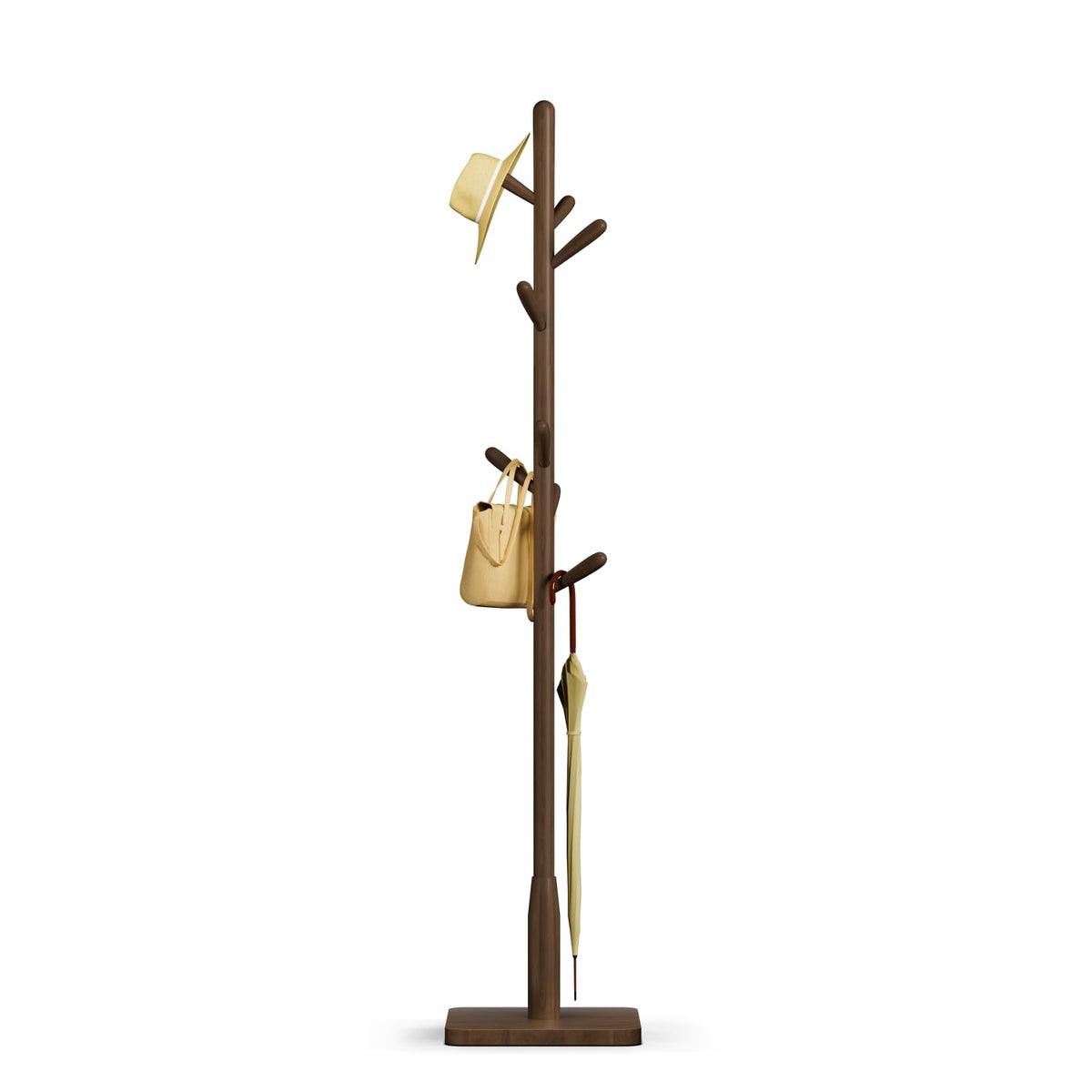 Solid Wood Square Base Coat Rack, Free Standing Hall Coat Tree with 8 Hooks（+2 spare) for Coats, Hats, Bags, Purses, for Entryway, Hallway