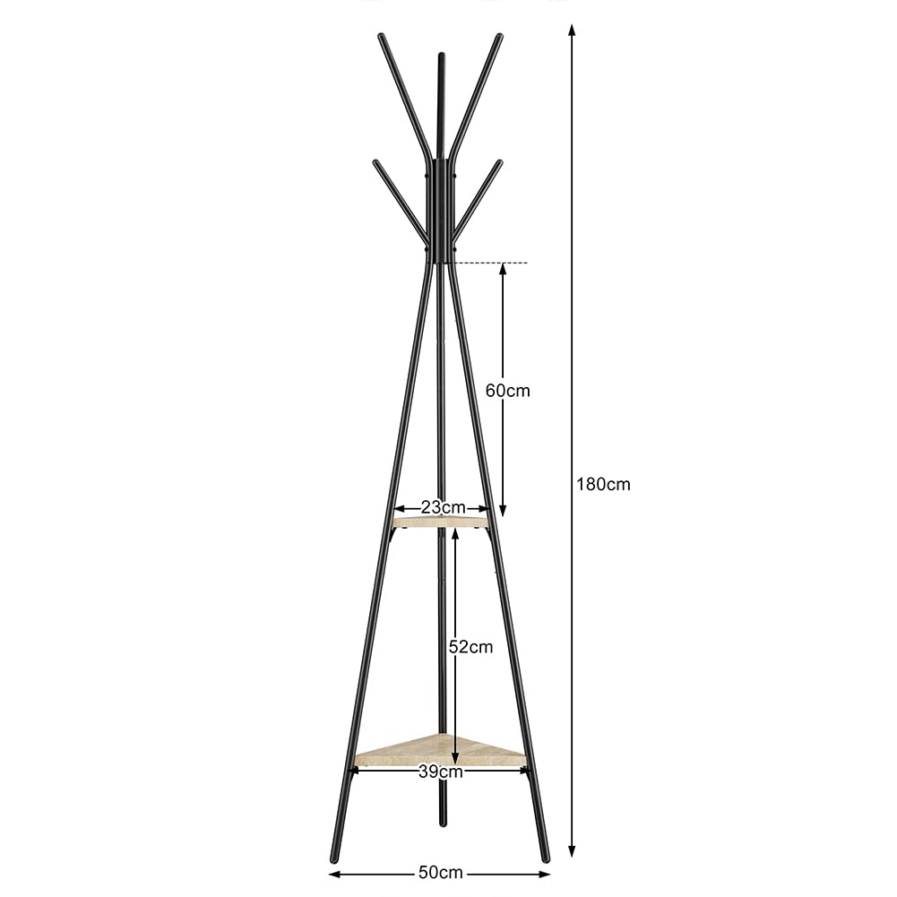 BAKAJI Black Floor Coat Rack Space-Saving Toronto Model, Floor Stand with 5 Hooks and 2 Shelves for Entrance, Clothes Stand for Coats, Hats, Bags