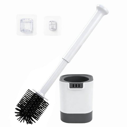 Vibrivio Silicone Toilet Brush with Holder Set, 2-in-1 Flexible Toilet Brush for Wand Mounting & Standing, White Silicone WC Brush No Drilling