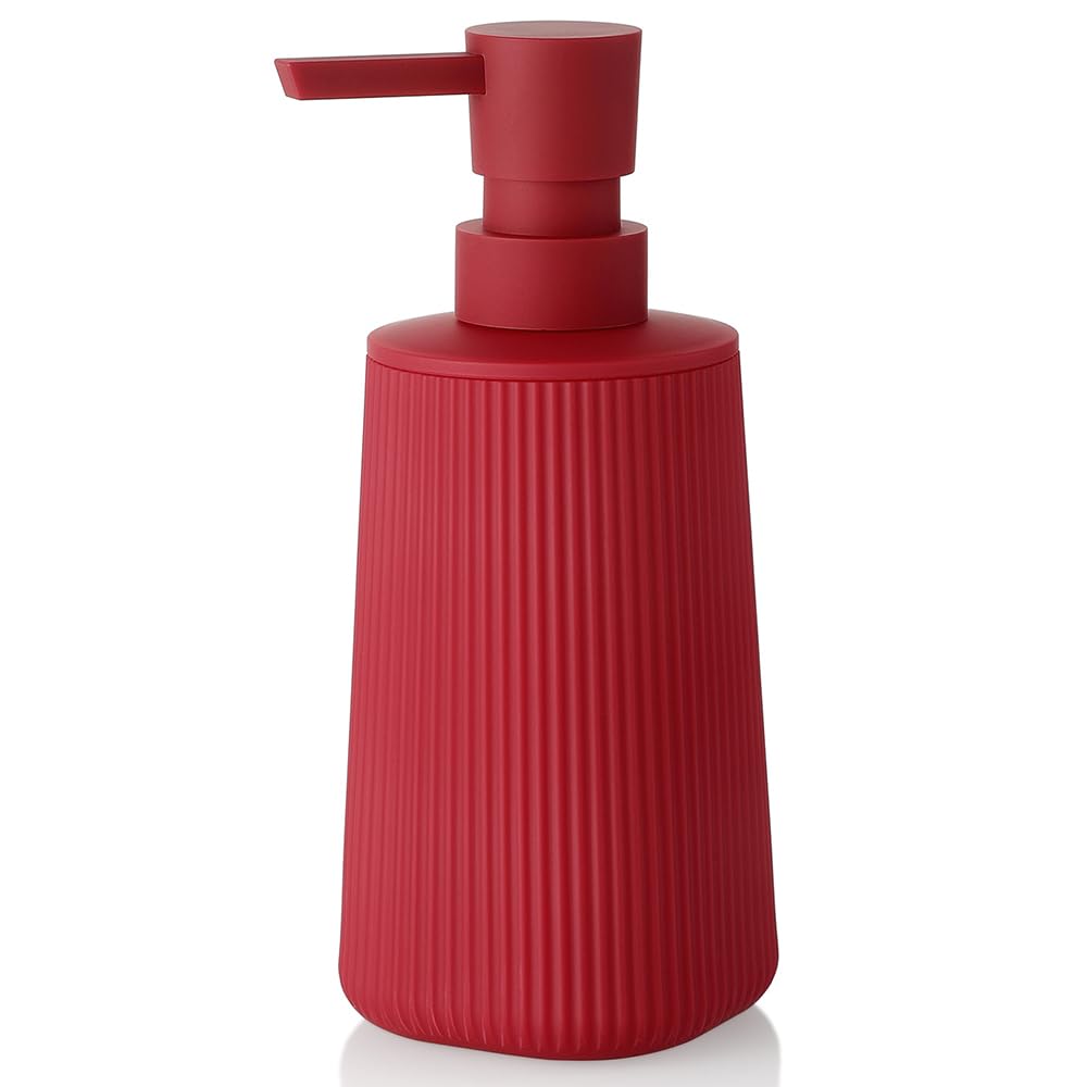 Small Soap Dispenser for Bathroom and Kitchen, Modern Farmhouse Striped Style Plastic Hand Soap Dish Soap Dispenser with Pump Matte Red