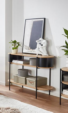 HAKU console, oak, black, metal, chipboard. Dimensions: W 110 x H 76 x D 39 cm. Style: Modern