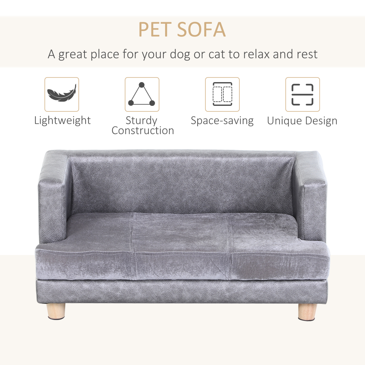 Dog Sofa Bed Kitten Couch Lounge for Small-Sized Dogs, Soft Padded - Grey