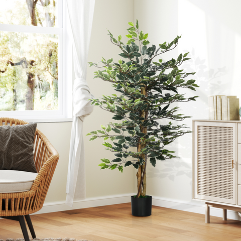 HOMCOM Artificial Ficus Tree with Lifelike Leaves and Natural Trunks Green