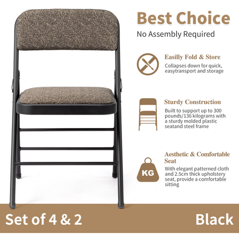 2pcs Black Patterned Padded Folding Chairs, Conference Event Chairs with Soft Seat (46*48*76cm), Frosted Iron Frame