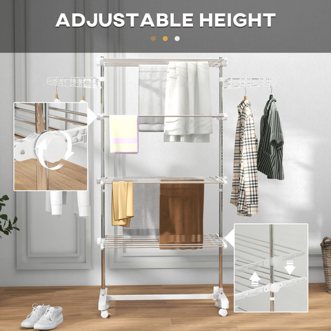 4 Layers Folding Cloth Hanger Stand Rail W/Wheels-White/Silver