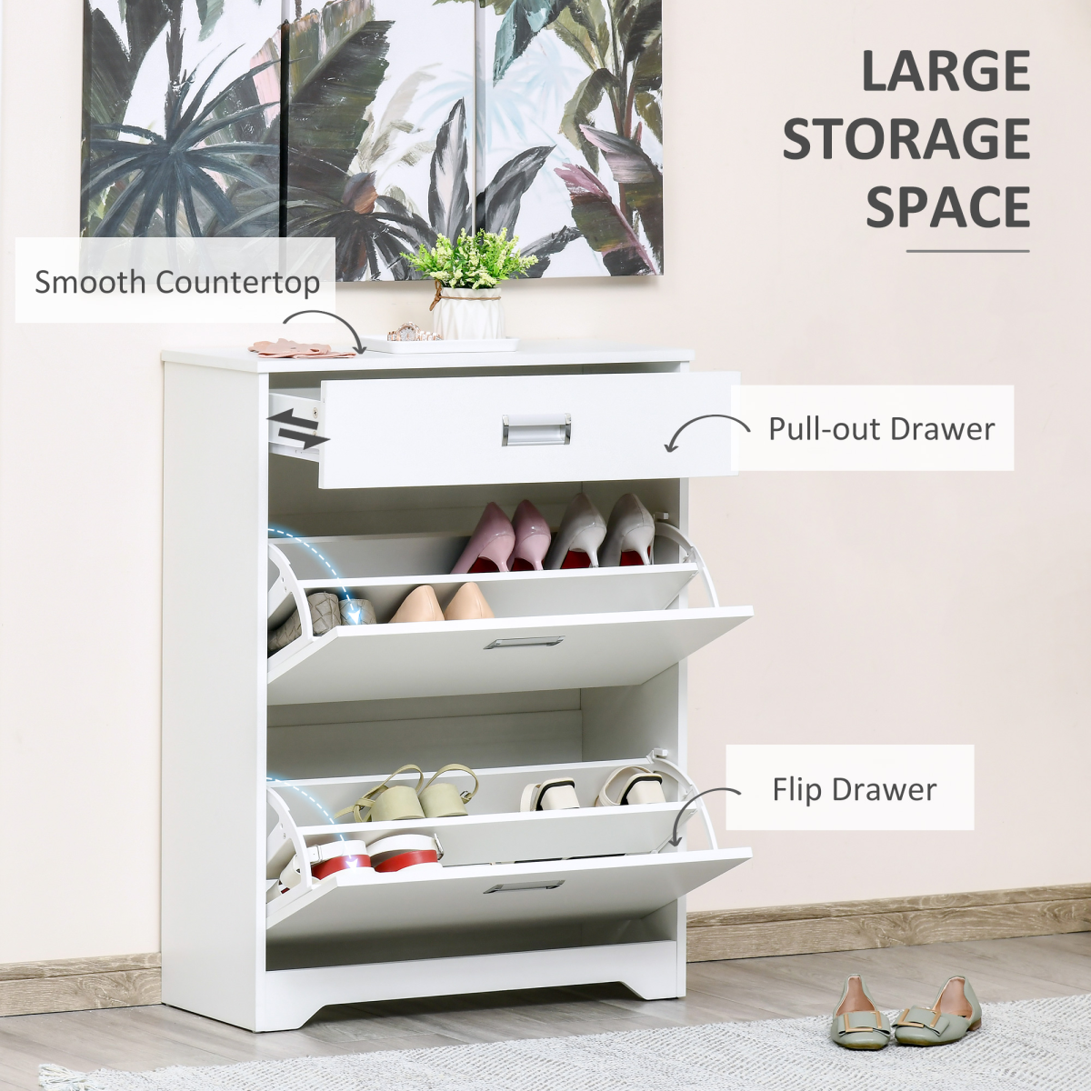 Tipping Shoe Cabinet Hall Organizer  Flip Drawers for Entry 16 Pairs