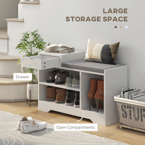 HOMCOM Upholstered Entryway Shoe Bench with Storage Drawer Open Shelf White