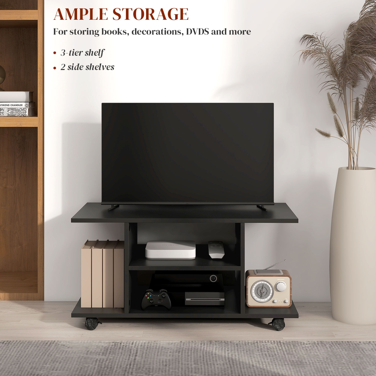 Mobile TV Stand Bookshelves in Black