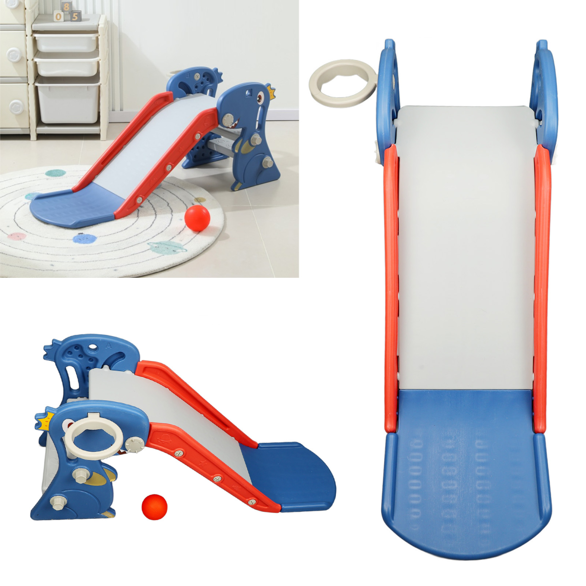 Toddler Indoor Slide for 0 To 3 Years Old Easy Assembly Dinosaur Shape Foldable Slide with Basketball Hoop Stairs Blue