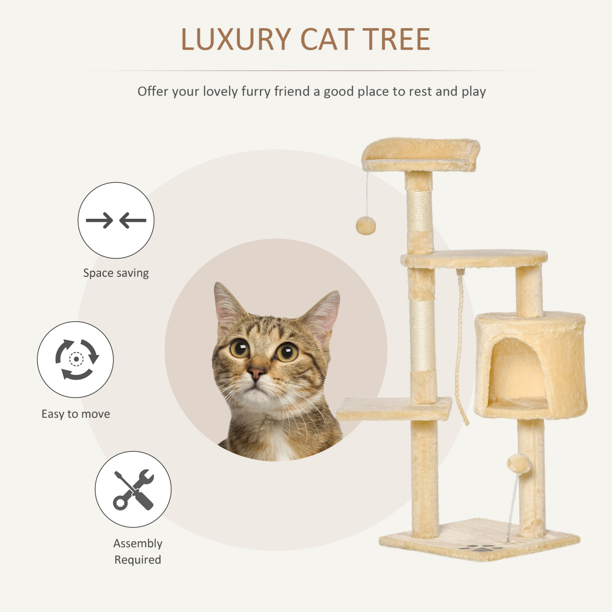 Cat Tree Activity Centre Scratching Post With Toys 4-tier Beige 114cm Pawhut