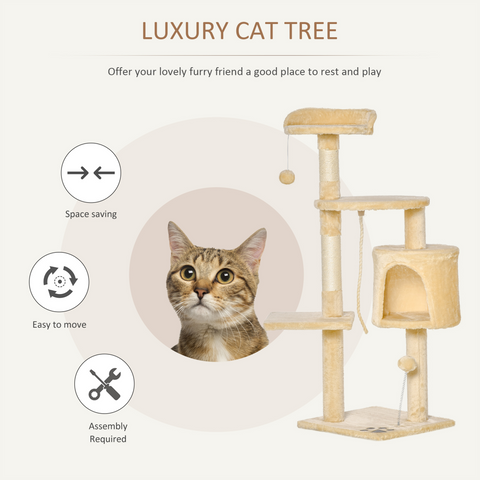 Cat Tree Activity Centre Scratching Post With Toys 4-tier Beige 114cm Pawhut