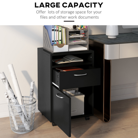 HOMCOM 60cm Storage Cabinet w/ Drawer Open Shelf Metal Handles 4 Wheels Black