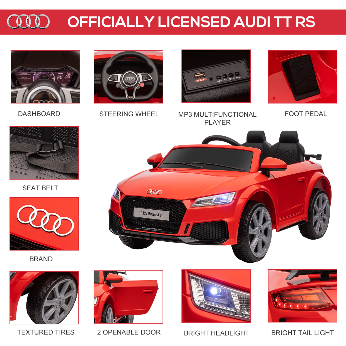 12V Battery Licensed Audi TT Ride On Car w/ Remote Headlight MP3 Red