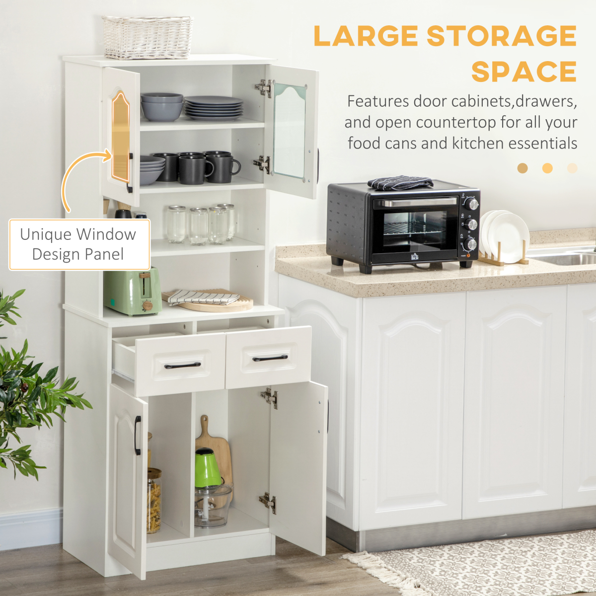 168cm Kitchen Cupboard Storage Cabinet w/ Shelves & Drawers,Open Counter White