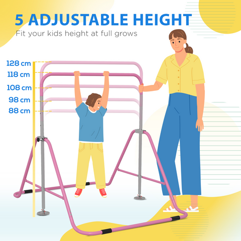 HOMCOM Kids Gymnastic Bar with Adjustable Height, Foldable Training Bar - Pink