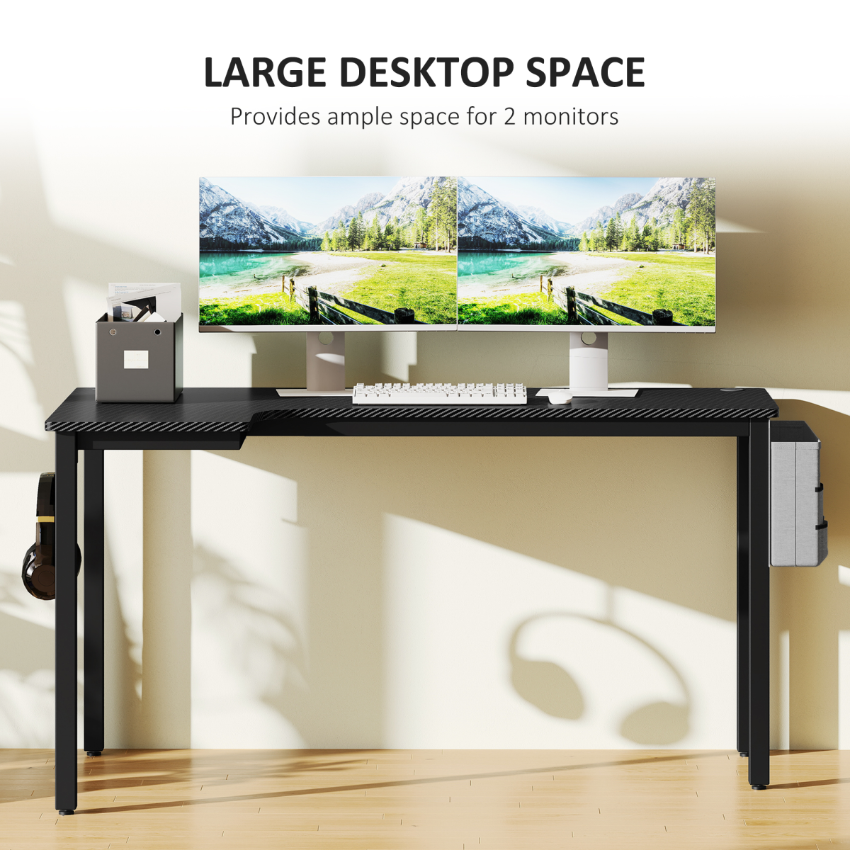 HOMCOM L-Shaped Corner Desk Computer with Fabric Bag and Hooks, Black