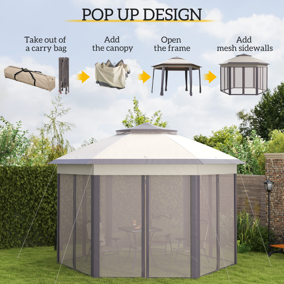 4.05m x 4.05m Metal Frame Mesh Draped 2-Tier Roof Gazebo Brown