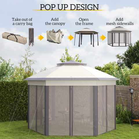4.05m x 4.05m Metal Frame Mesh Draped 2-Tier Roof Gazebo Brown