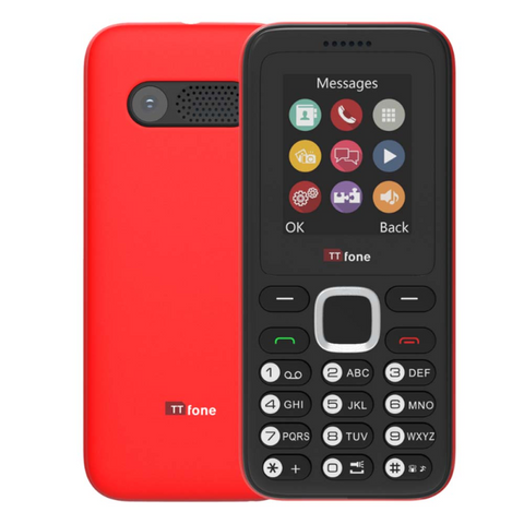 TTfone TT150 Unlocked Basic Mobile Phone UK Sim Free, Long Battery Life, Dual Sim with camera and games, easy to use, durable and light weight pay as you go - Red with Mains Charger and O2 Sim Card