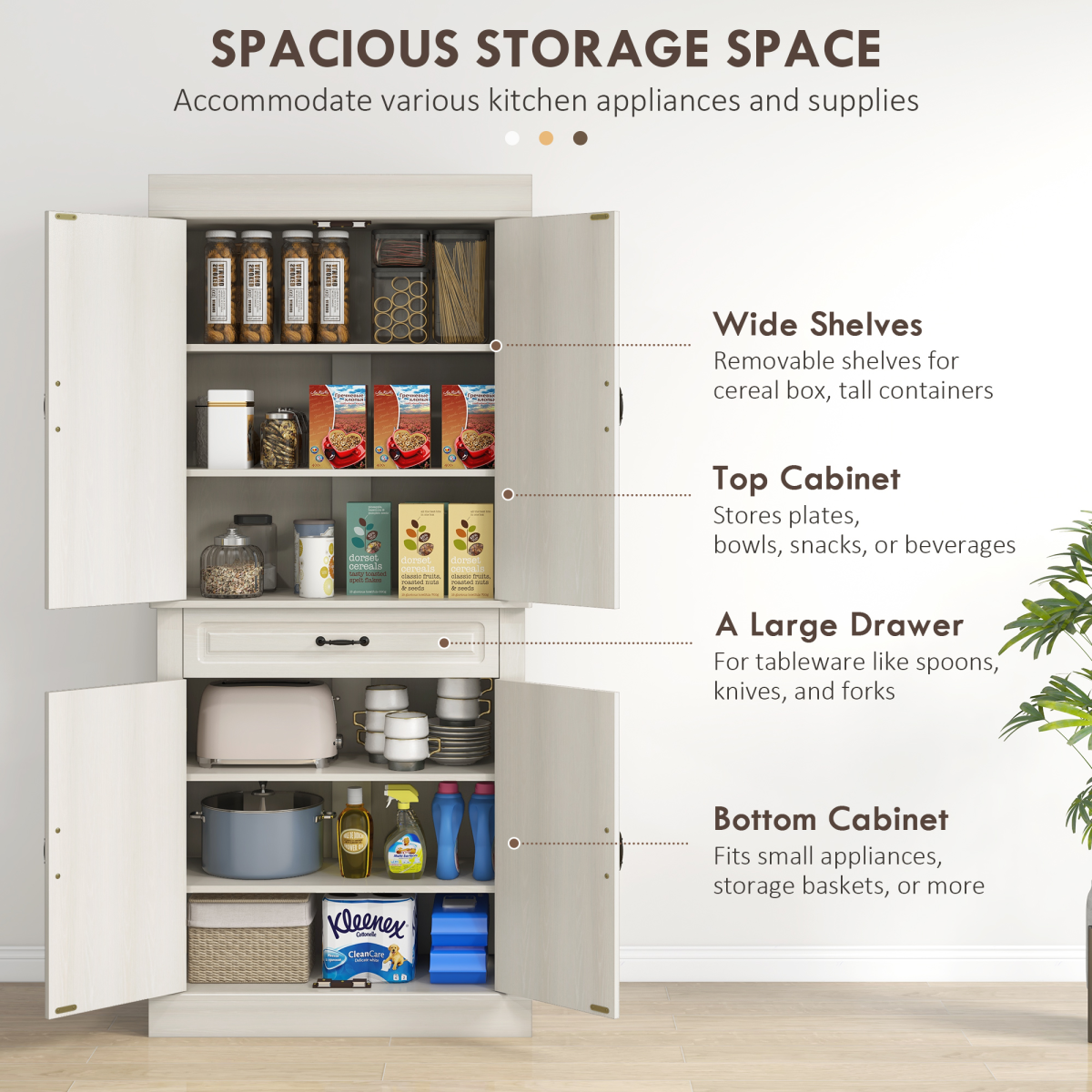 HOMCOM 180cm Kitchen Pantry Storage Cabinet Server Food Organizer, White