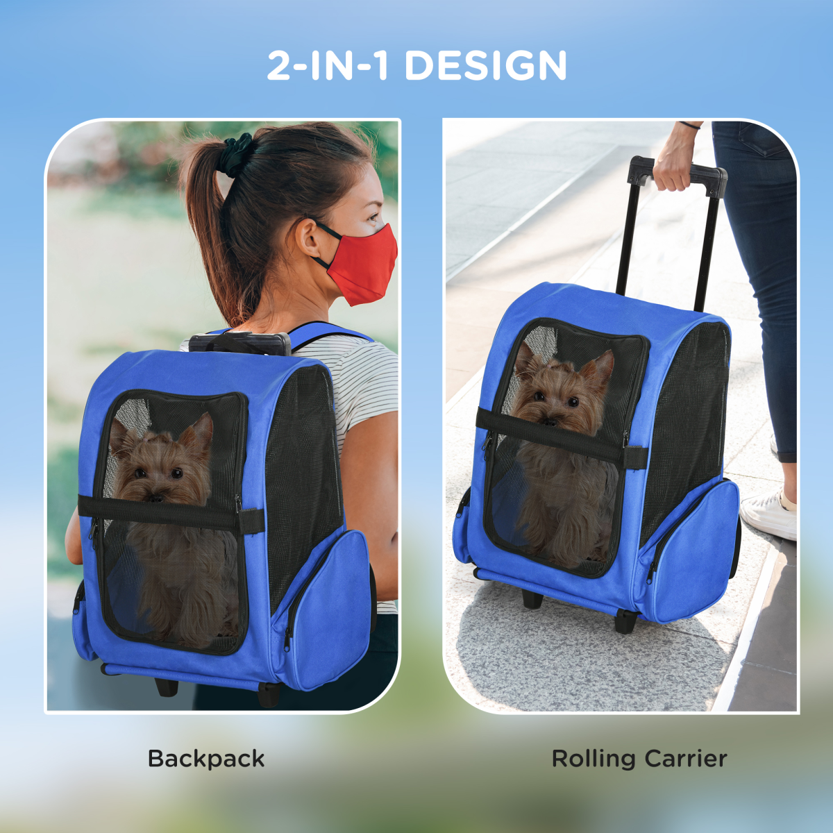 Pet Travel Backpack Bag Cat Puppy Dog Carrier w/ Trolley and Telescopic Wheel