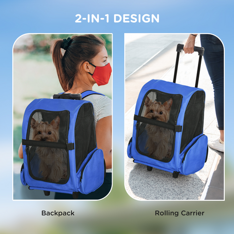 Pet Travel Backpack Bag Cat Puppy Dog Carrier w/ Trolley and Telescopic Wheel