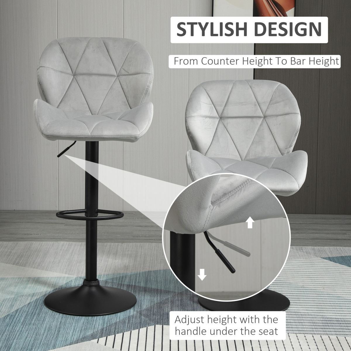 Bar Stool Set of 2 Fabric Adjustable Height Counter Chairs Light Grey