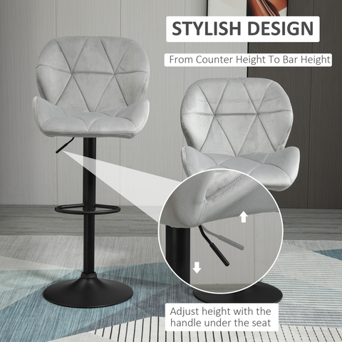 Bar Stool Set of 2 Fabric Adjustable Height Counter Chairs Light Grey