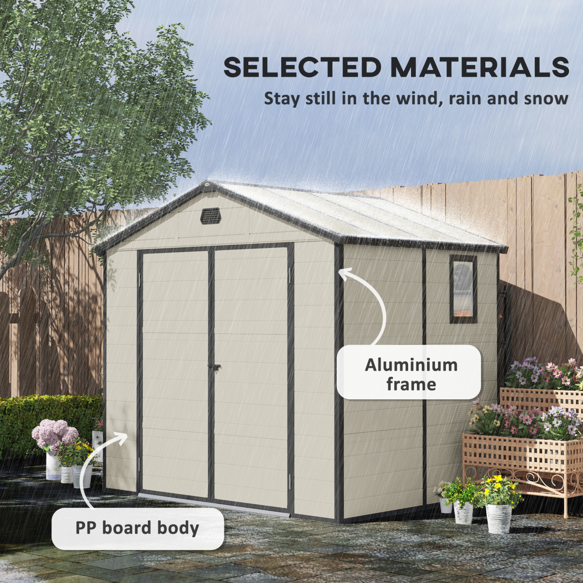 Outsunny 8 x 6ft Garden Shed Storage w/ Foundation Kit, Vents, Cream White
