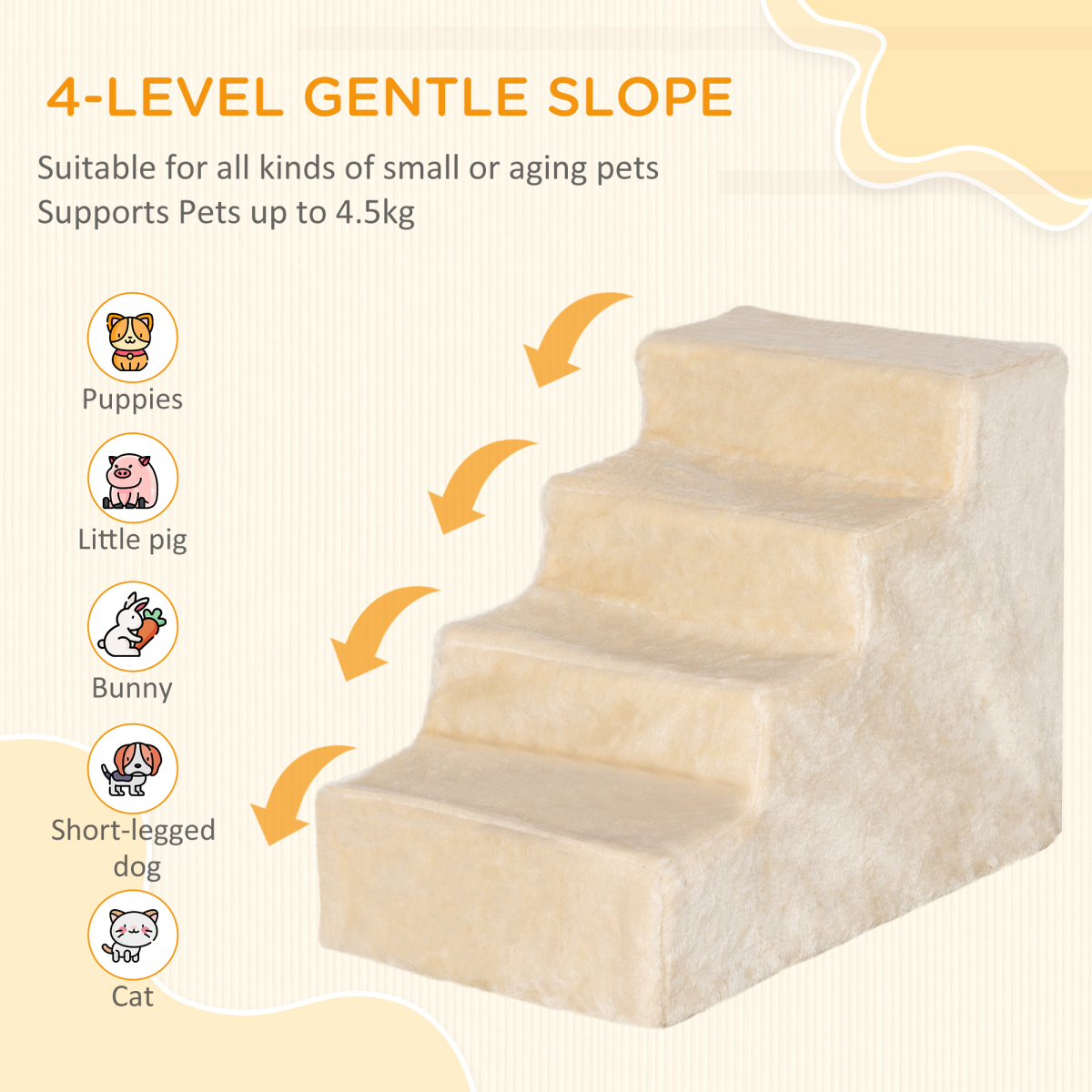 Portable Dog Stairs with Washable Plush Cover, for High Bed Sofa - Beige