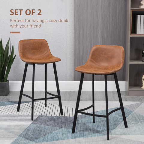 HOMCOM Industrial Bar Stools Set of 2, Bar Chairs with Steel Legs, Brown