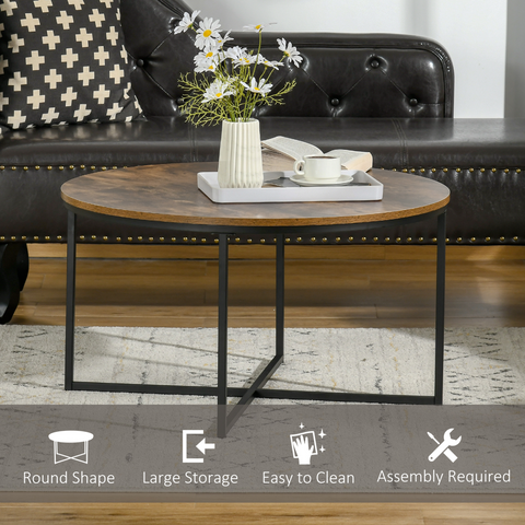 Industrial Round Side Table with Metal Frame, Large Tabletop, Rustic Brown