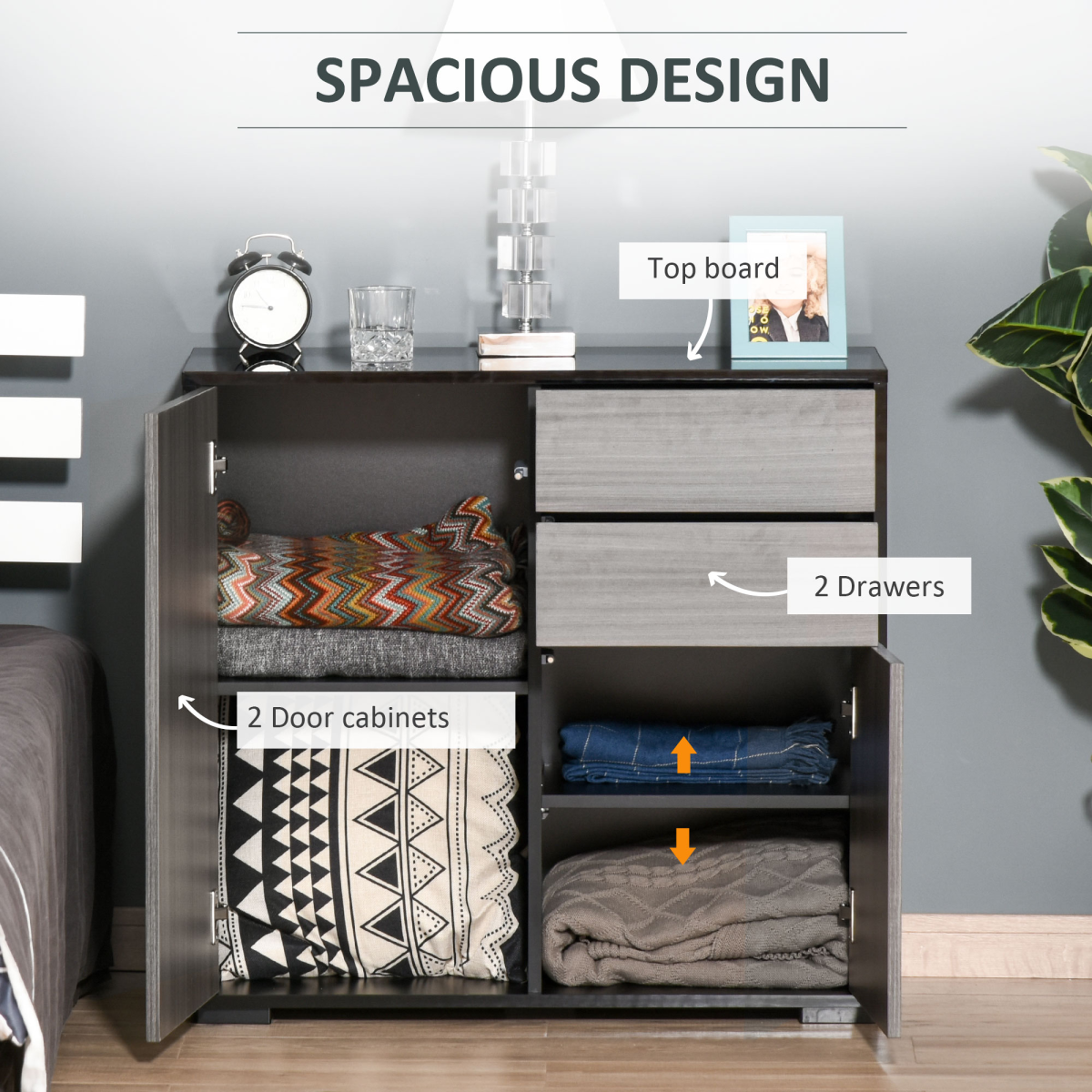 Side Cabinet  2 Door Cabinet and 2 Drawer for Home Office Grey Black