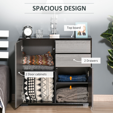 Side Cabinet  2 Door Cabinet and 2 Drawer for Home Office Grey Black