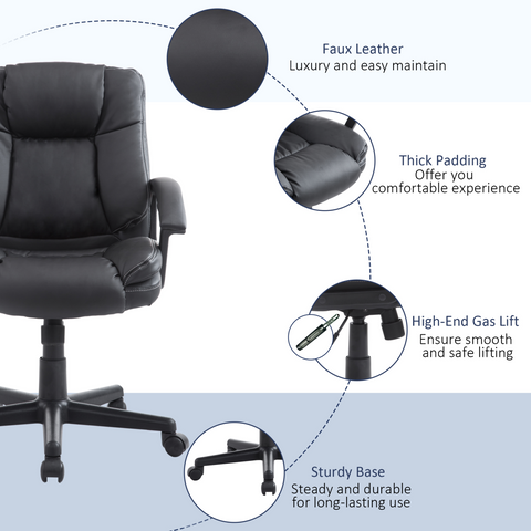 Swivel Executive Office Chair Mid Back PU Leather Chair w/ Arm, Black HOMCOM