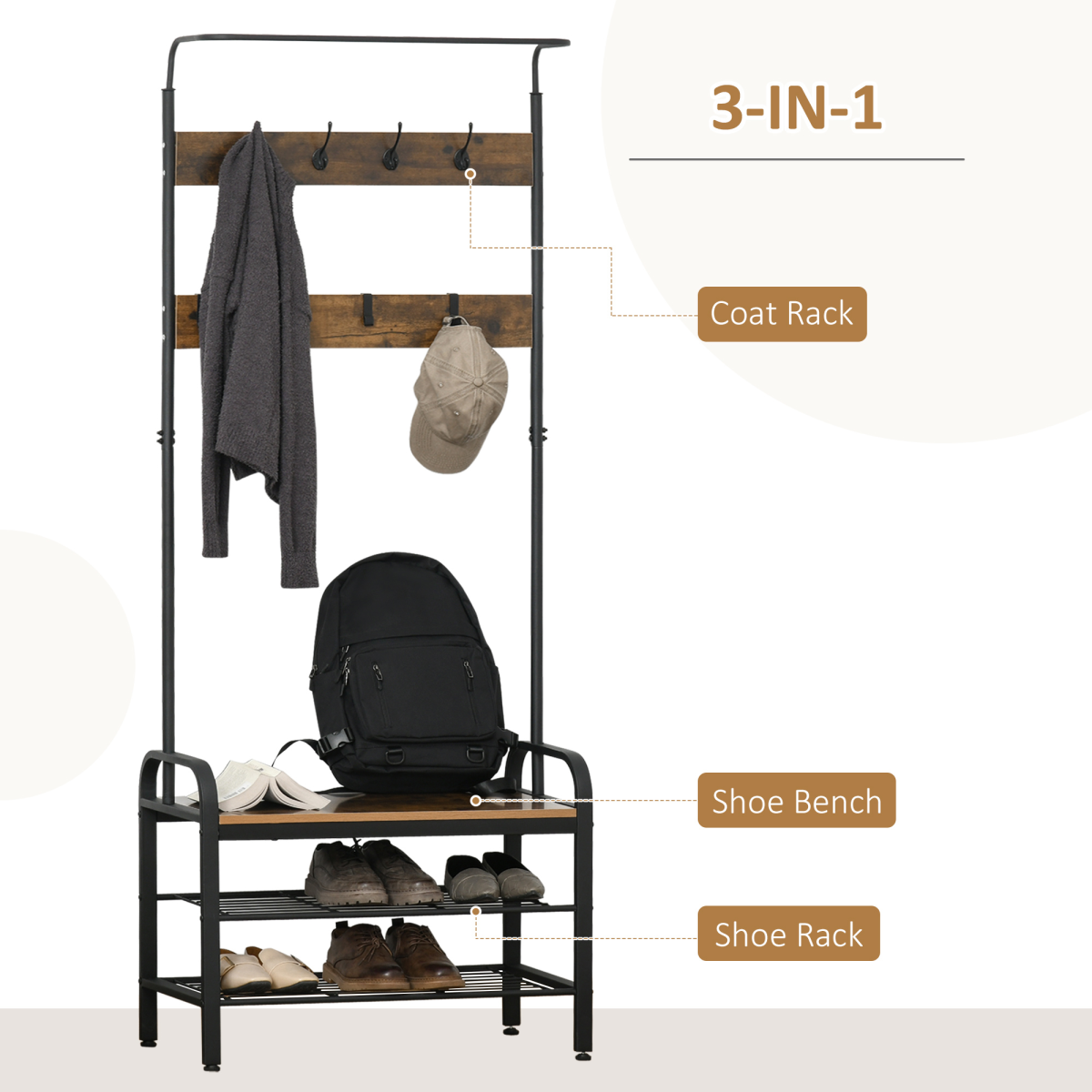 Industrial Coat Rack Stand with 8 Hooks Hangers Storage Cabinet Brown
