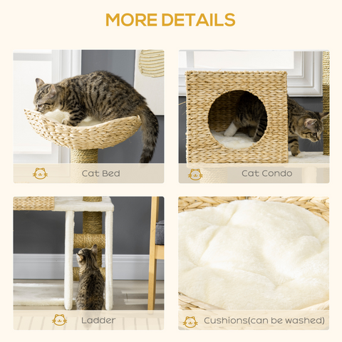 Cat Tree Kitten Tower Cattail Weave w/ Scratching Posts, Bed, House Pawhut