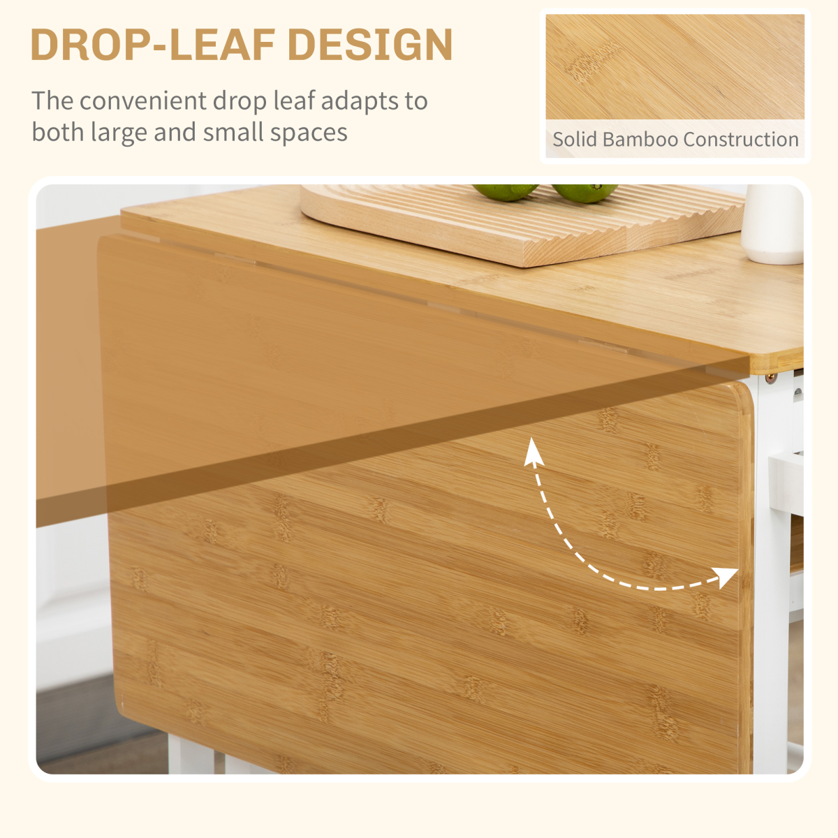 HOMCOM Bamboo Breakfast Cart with Drop Leaf Table and 2 Stools