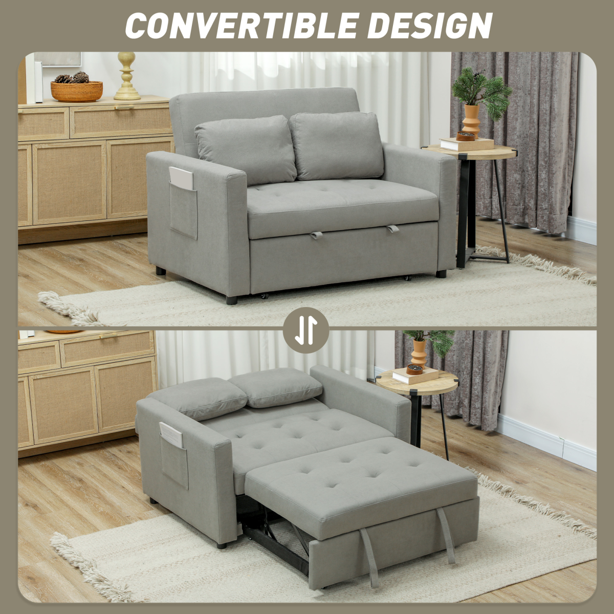 HOMCOM 2 Seater Sofa Bed Convertible Bed Settee with Cushions, Pockets, Grey