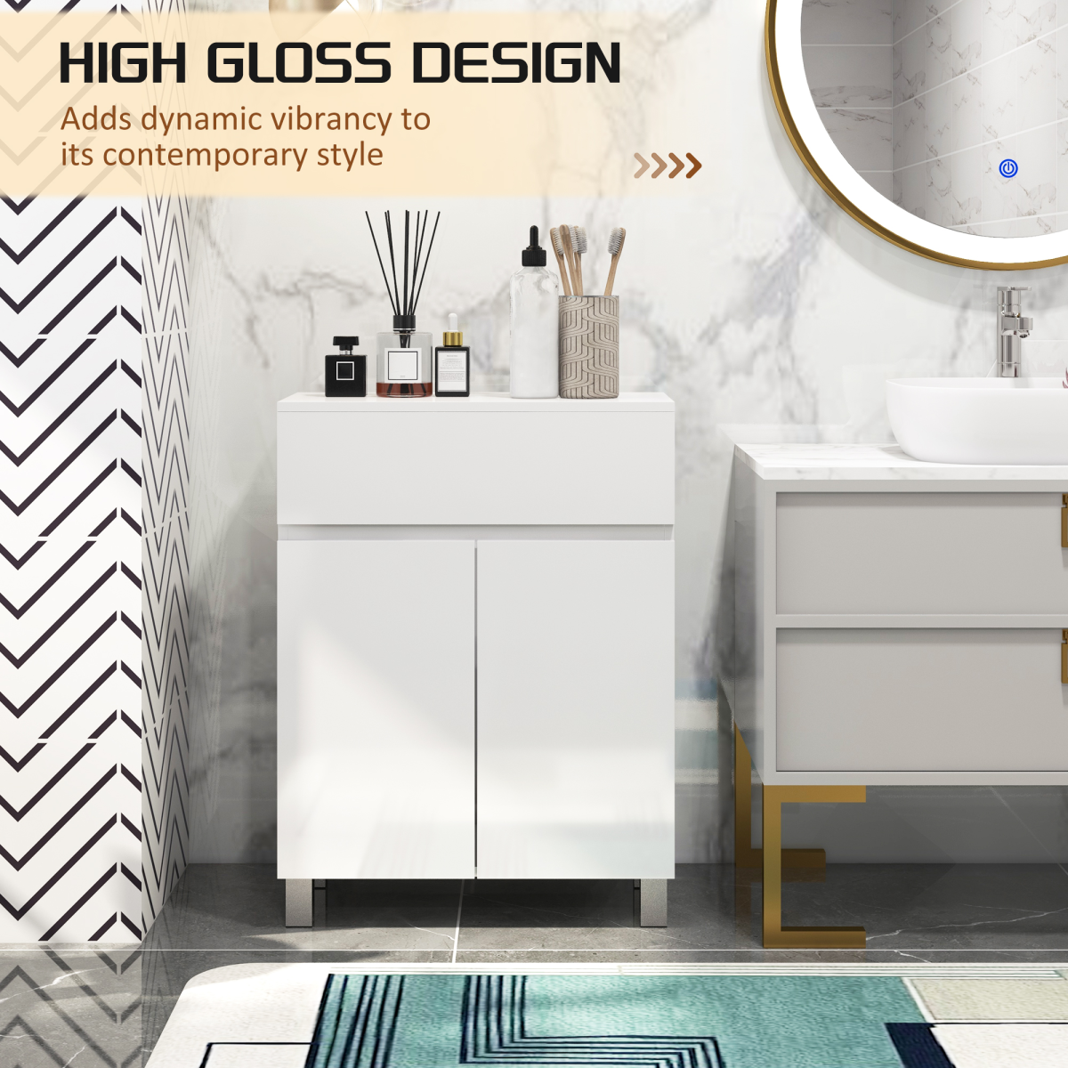 kleankin High Gloss Bathroom Floor Cabinet Storage Cupboard with Drawer