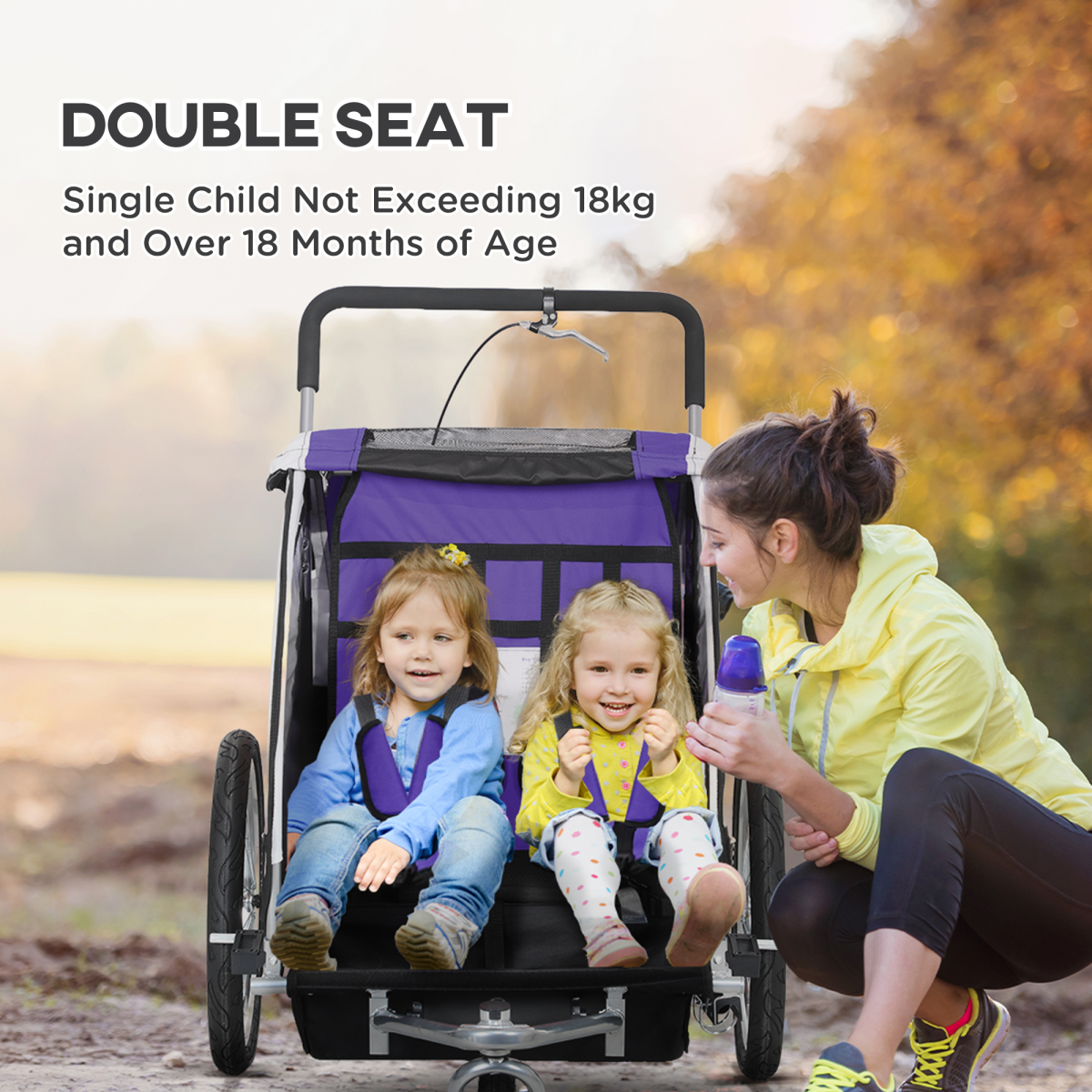 HOMCOM 2 Seat Child Bike Trailer, Baby Bicycle Trailer for 2 Kids, Purple