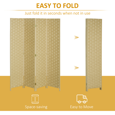 4-Panel Folding Wall Divider Room, Wave Fibre Privacy Screen Panels, Brown