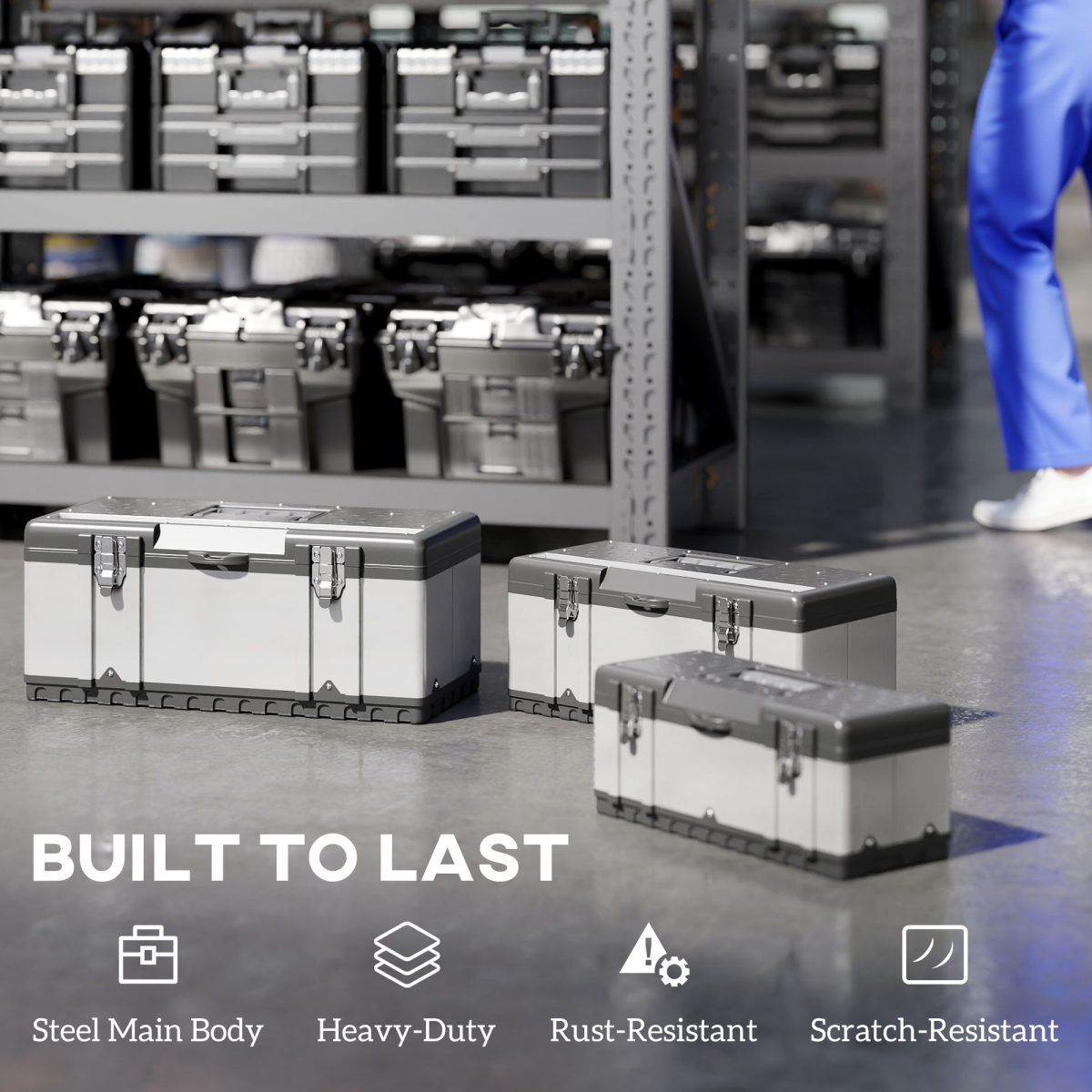HOMCOM 3 Pieces Tool Case Set, 23" 19" 16" Stainless Steel Tool Boxes