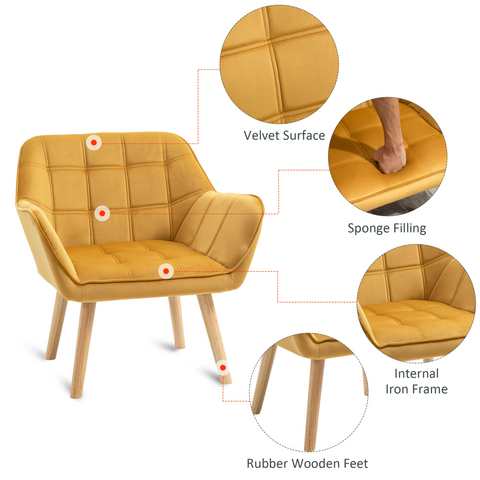 Luxe Velvet-Feel Accent Chair w/ Wide Arms Slanted Back Padding Wood Legs Yellow