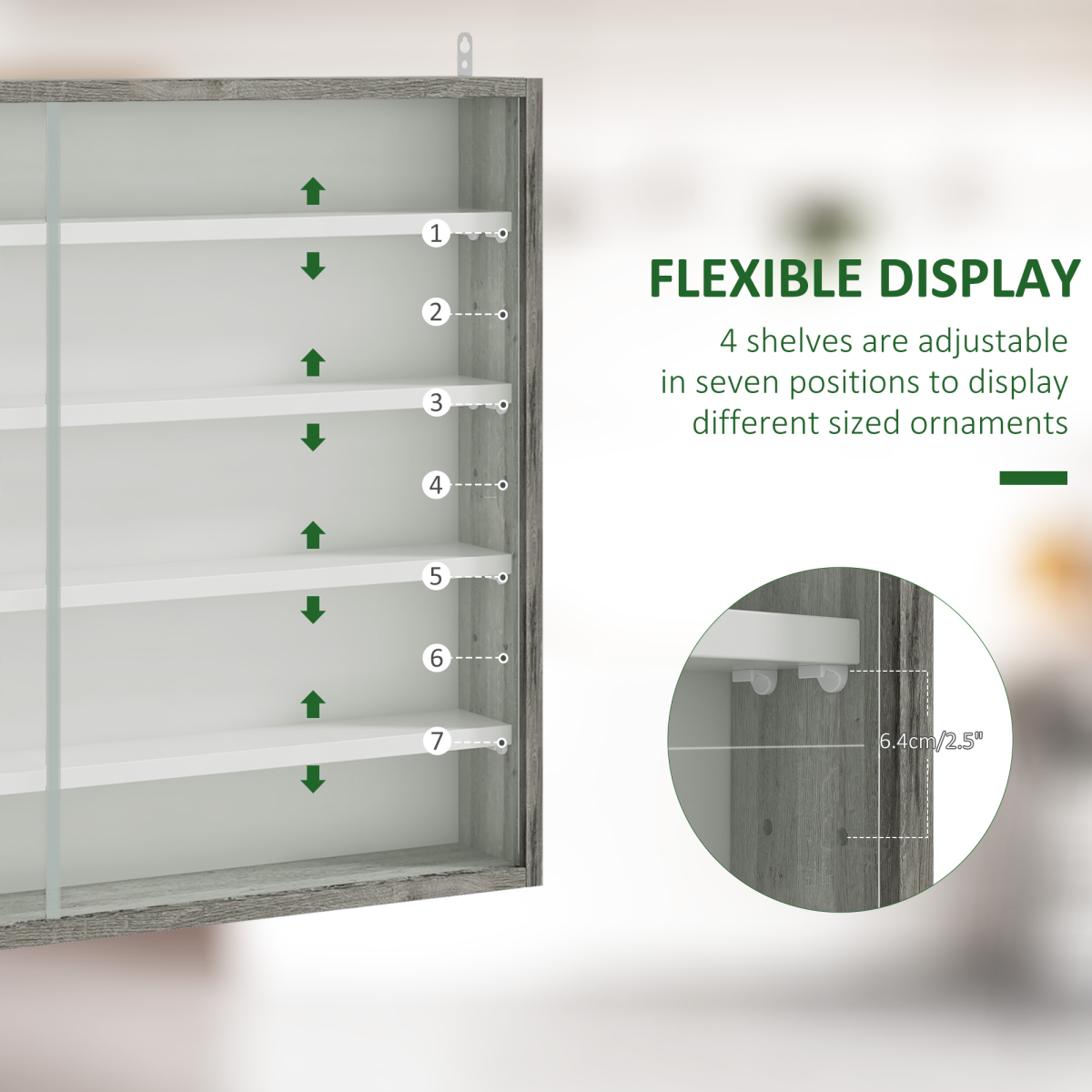 HOMCOM 5-Tier Wall Display Shelf Unit Cabinet w/ Shelves Glass Doors Grey Wood
